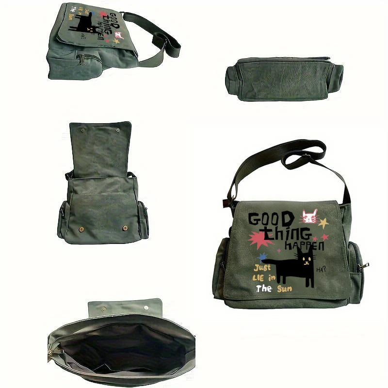 Playful Pattern Women's Bag Multiple Pockets Green Canvas Messenger Bag Zipper&Hasp Shoudler Bag For Women Commuting