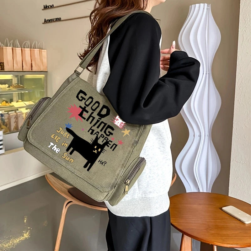 Playful Pattern Women's Bag Multiple Pockets Green Canvas Messenger Bag Zipper&Hasp Shoudler Bag For Women Commuting