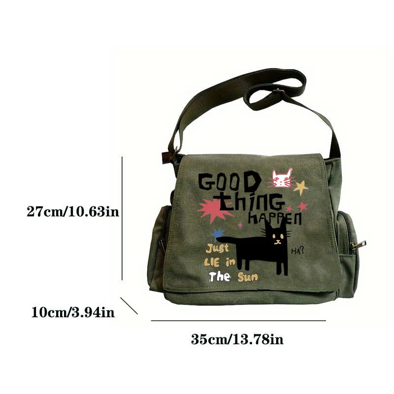 Playful Pattern Women's Bag Multiple Pockets Green Canvas Messenger Bag Zipper&Hasp Shoudler Bag For Women Commuting
