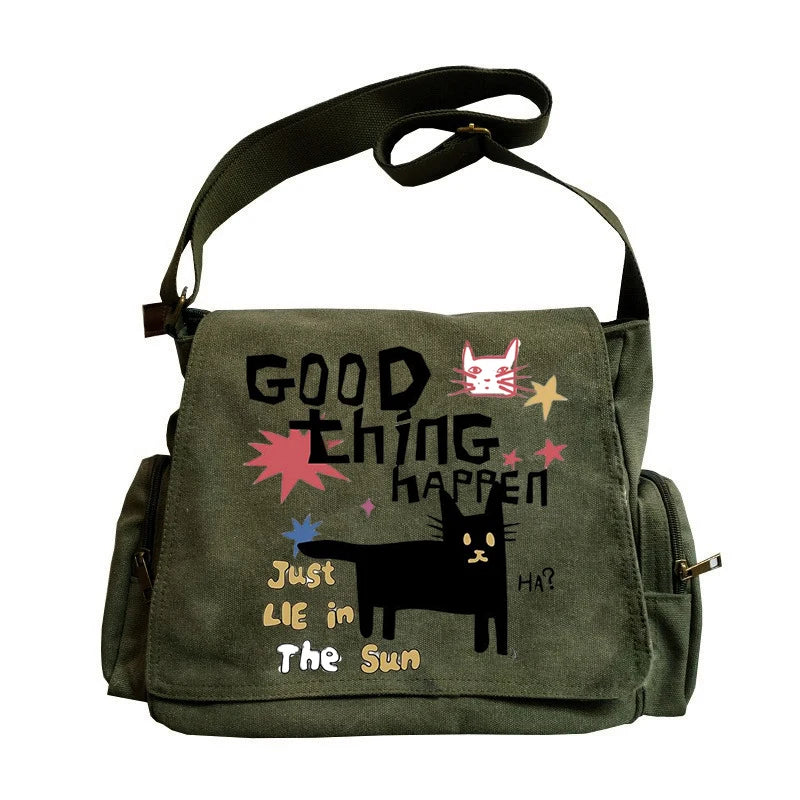 Playful Pattern Women's Bag Multiple Pockets Green Canvas Messenger Bag Zipper&Hasp Shoudler Bag For Women Commuting